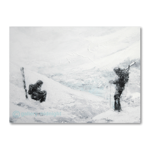Two skiers stopped on a rough glacier slope, one sitting in the snow while the other waits with skis over his shoulder.