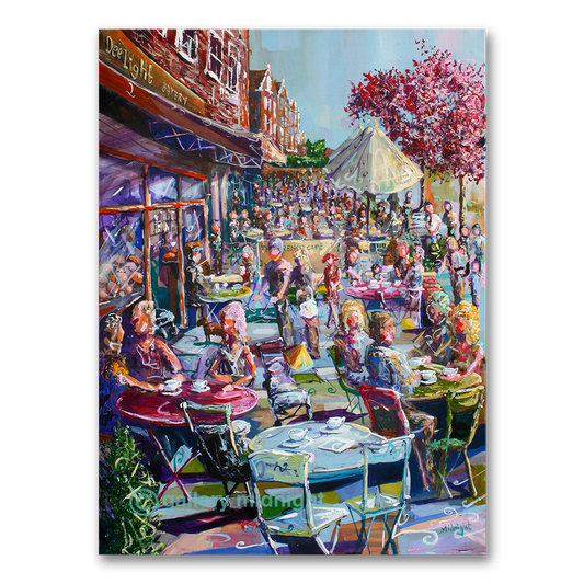 Ritherdon Road café scene with Dee Light Bakery, blossom trees and people drinking coffee, London street art print