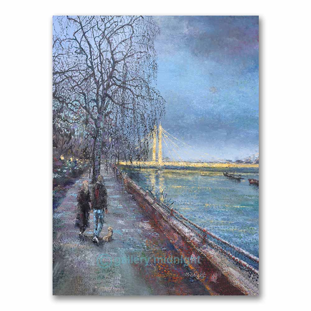 Albert Bridge at sunset in autumn with couple walking dog along Thames, impressionist London art print