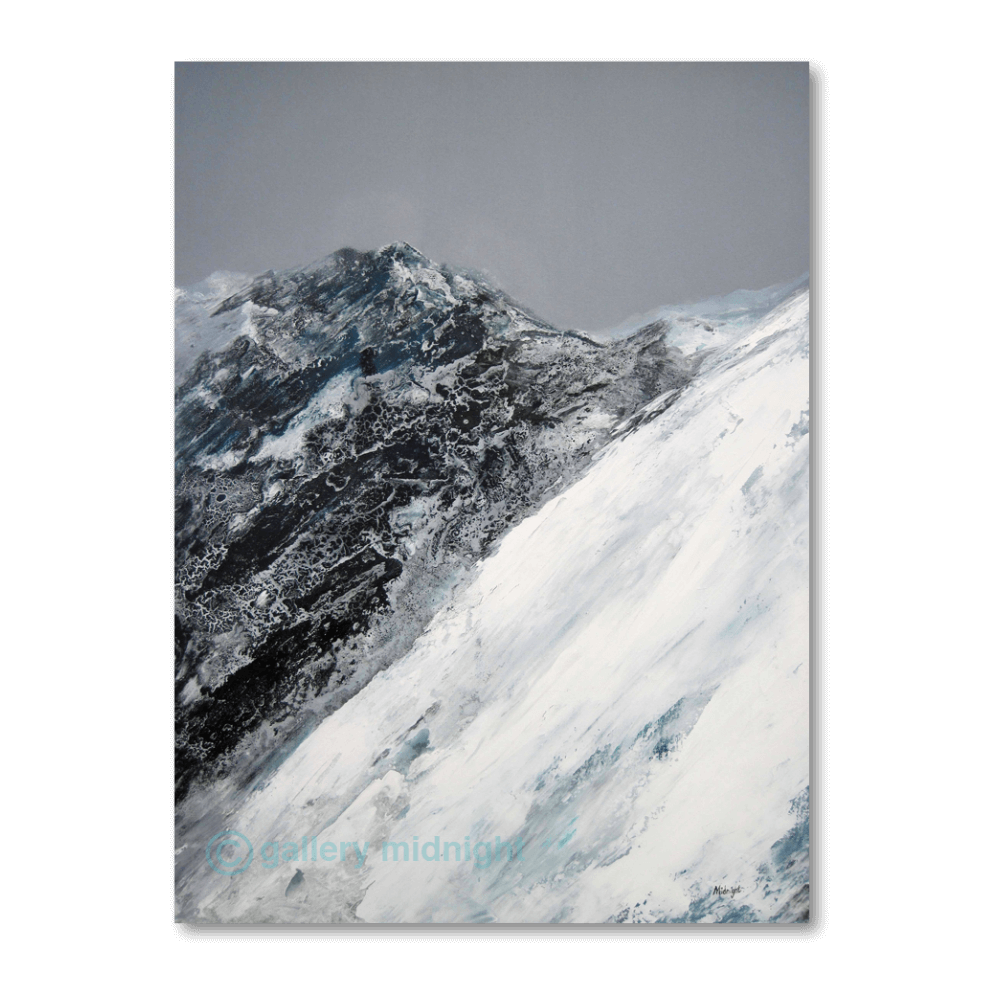 Abstract alpine mountain painting of the Argentière Glacier, featuring fractured rock textures, icy white and turquoise snow, and a dramatic grey sky, evoking the power and tension of an impending avalanche.