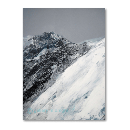 Abstract alpine mountain painting of the Argentière Glacier, featuring fractured rock textures, icy white and turquoise snow, and a dramatic grey sky, evoking the power and tension of an impending avalanche.