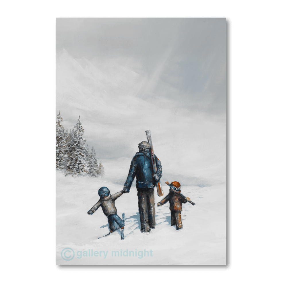 A skier walks hand-in-hand with two children across snowy ground toward a distant chalet, with fir trees and soft grey sky in the background.