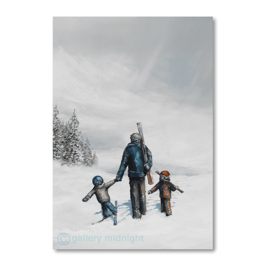 A skier walks hand-in-hand with two children across snowy ground toward a distant chalet, with fir trees and soft grey sky in the background.