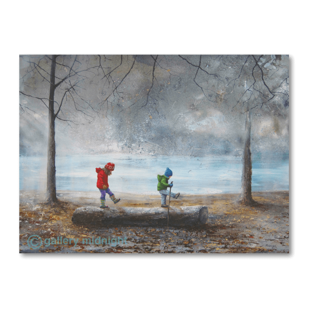 Wimbledon Common winter scene with children balancing on log near pond, Boxing Day London landscape art print