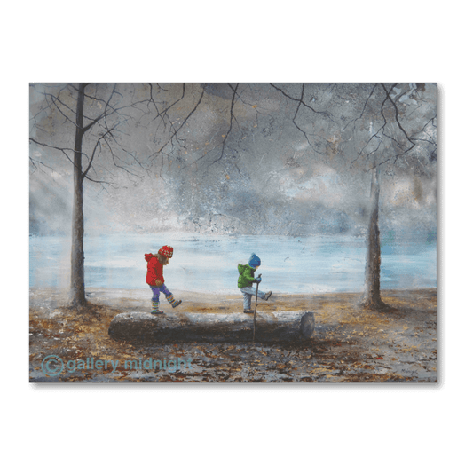 Wimbledon Common winter scene with children balancing on log near pond, Boxing Day London landscape art print