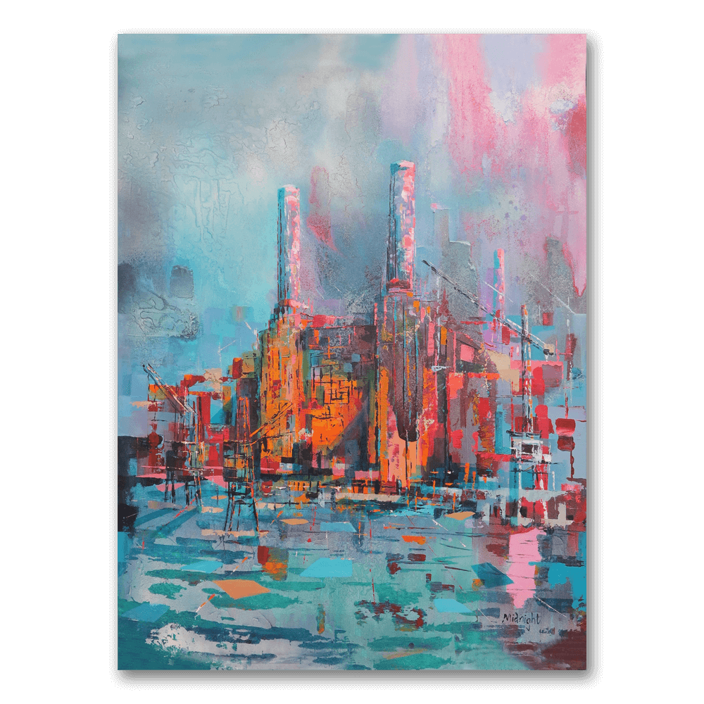 Big Power 30 limited edition print by Johny Midnight showing Battersea Power Station in metallic orange with turquoise shadows, fluorescent pink highlights, cranes, and abstract Thames reflections.