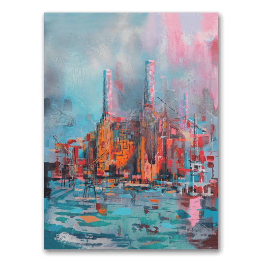 Big Power 30 limited edition print by Johny Midnight showing Battersea Power Station in metallic orange with turquoise shadows, fluorescent pink highlights, cranes, and abstract Thames reflections.