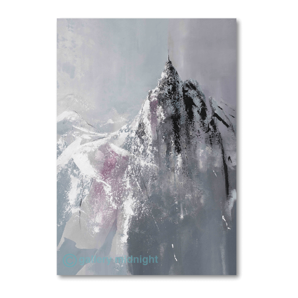Abstract painting of the Aiguille du Midi by Johny Midnight, featuring dark charcoal mountain forms with white snow fissures and a soft grey-blue alpine background.