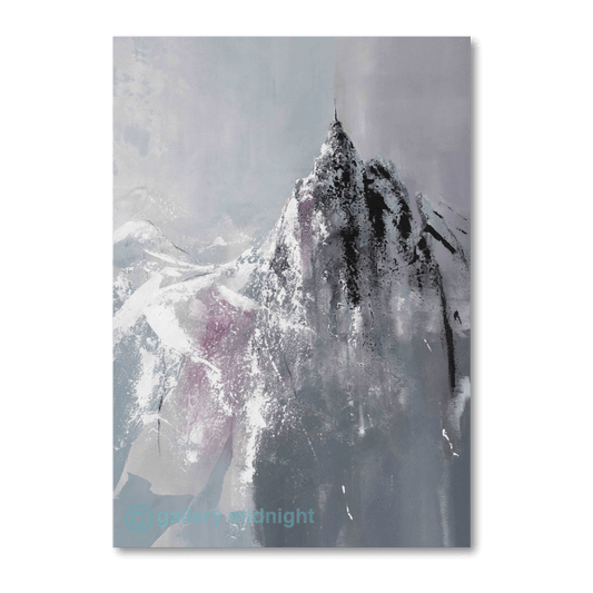 Abstract painting of the Aiguille du Midi by Johny Midnight, featuring dark charcoal mountain forms with white snow fissures and a soft grey-blue alpine background.