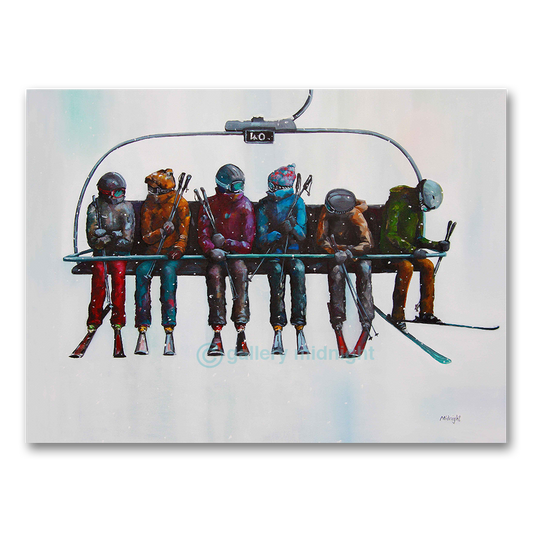 Six skiers sitting on a chairlift, talking and dangling their skis in mid-air against a minimalist pale background.