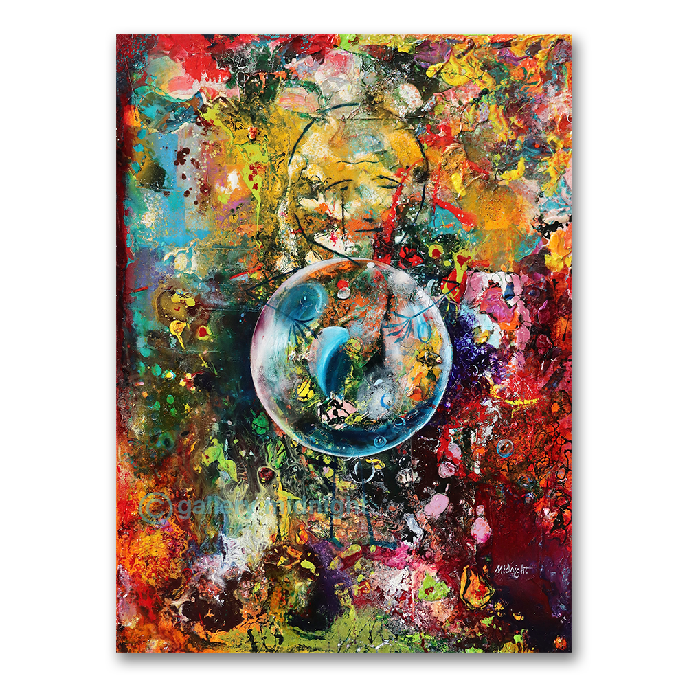 Abstract oil painting with a face emerging from dense colourful paint and a large translucent bubble at centre, by Johny Midnight