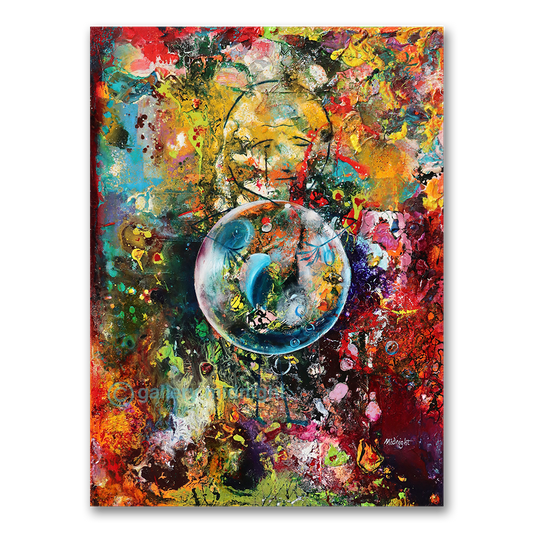 Abstract oil painting with a face emerging from dense colourful paint and a large translucent bubble at centre, by Johny Midnight