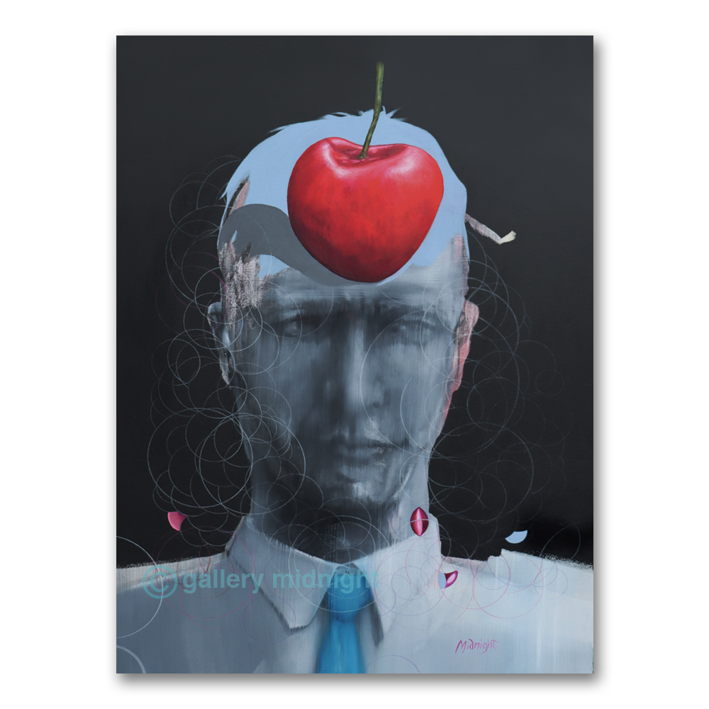 Surrealist oil painting of a grey suited figure with a large red cherry on top of his head against a dark background, by Johny Midnight