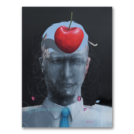 Surrealist oil painting of a grey suited figure with a large red cherry on top of his head against a dark background, by Johny Midnight