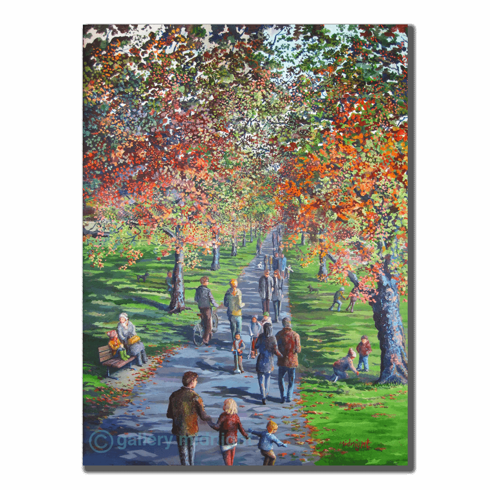 Chestnut Avenue Tooting Bec Common in autumn with families, cyclists and golden trees, London art print