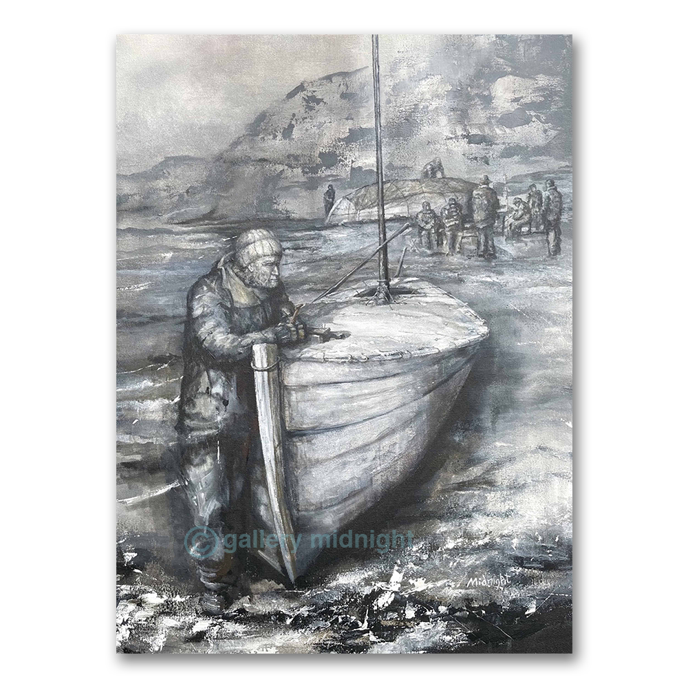 Ship's carpenter Harry McNeish holds tools on Elephant Island, an upturned boat and crew sheltering behind in grey light.