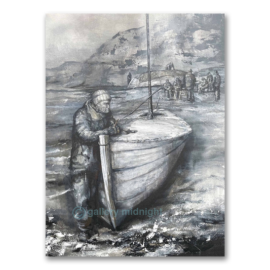 Ship's carpenter Harry McNeish holds tools on Elephant Island, an upturned boat and crew sheltering behind in grey light.