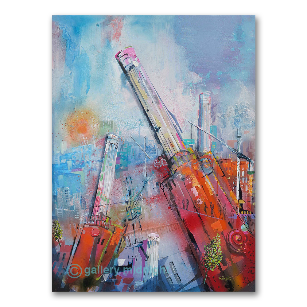 Deconstructed Power oil painting by Johny Midnight showing abstract, deconstructed chimneys of Battersea Power Station in bright colours with London skyline in background.