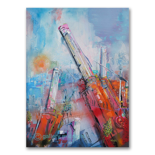 Deconstructed Power oil painting by Johny Midnight showing abstract, deconstructed chimneys of Battersea Power Station in bright colours with London skyline in background.