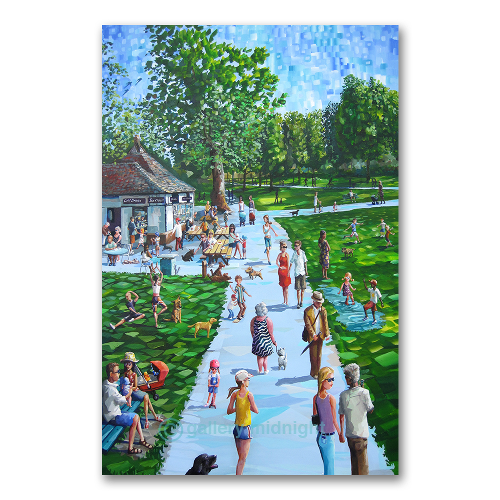 Dog Cafe Tooting Bec scene on Tooting Bec Common with families, dogs and children playing in puddle, London park art print