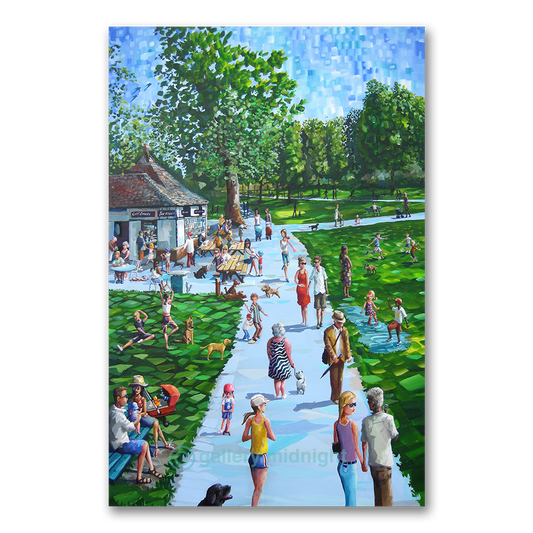 Dog Cafe Tooting Bec scene on Tooting Bec Common with families, dogs and children playing in puddle, London park art print
