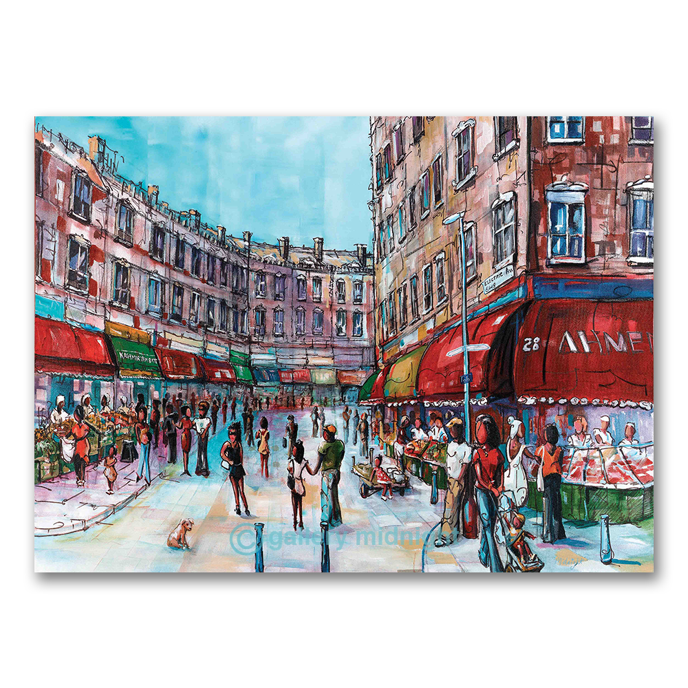 Electric Avenue Brixton painting showing colourful market street with shoppers, shop awnings and pastel buildings in South London