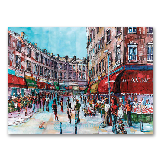 Electric Avenue Brixton painting showing colourful market street with shoppers, shop awnings and pastel buildings in South London