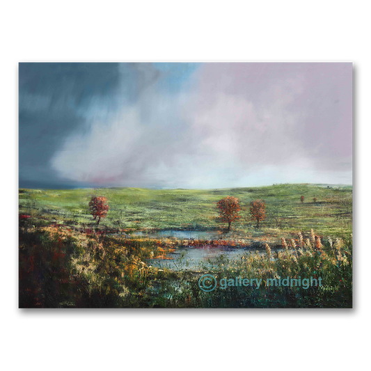 Storm clouds sweeping over green grassland with rust-red trees and rainwater pools reflecting a pink summer sky