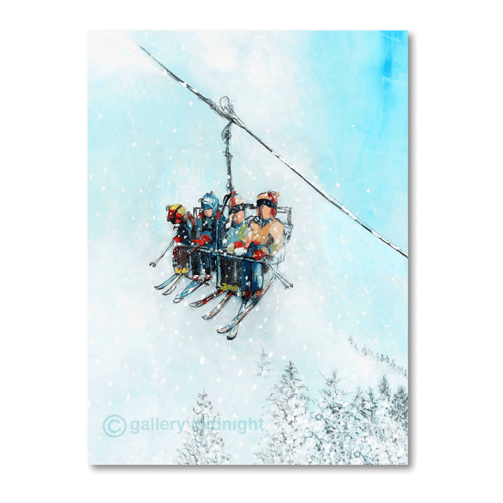 Painting of a family sitting on a ski chairlift during snowfall, with a turquoise sky and snow-covered trees below, by Johny Midnight.