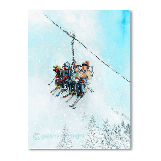 Painting of a family sitting on a ski chairlift during snowfall, with a turquoise sky and snow-covered trees below, by Johny Midnight.
