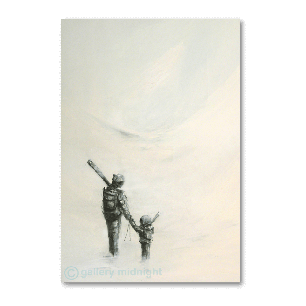A father and young child carrying skis walk hand-in-hand through soft snow, surrounded by pale misty mountains and gentle grey light.