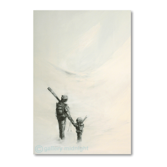 A father and young child carrying skis walk hand-in-hand through soft snow, surrounded by pale misty mountains and gentle grey light.