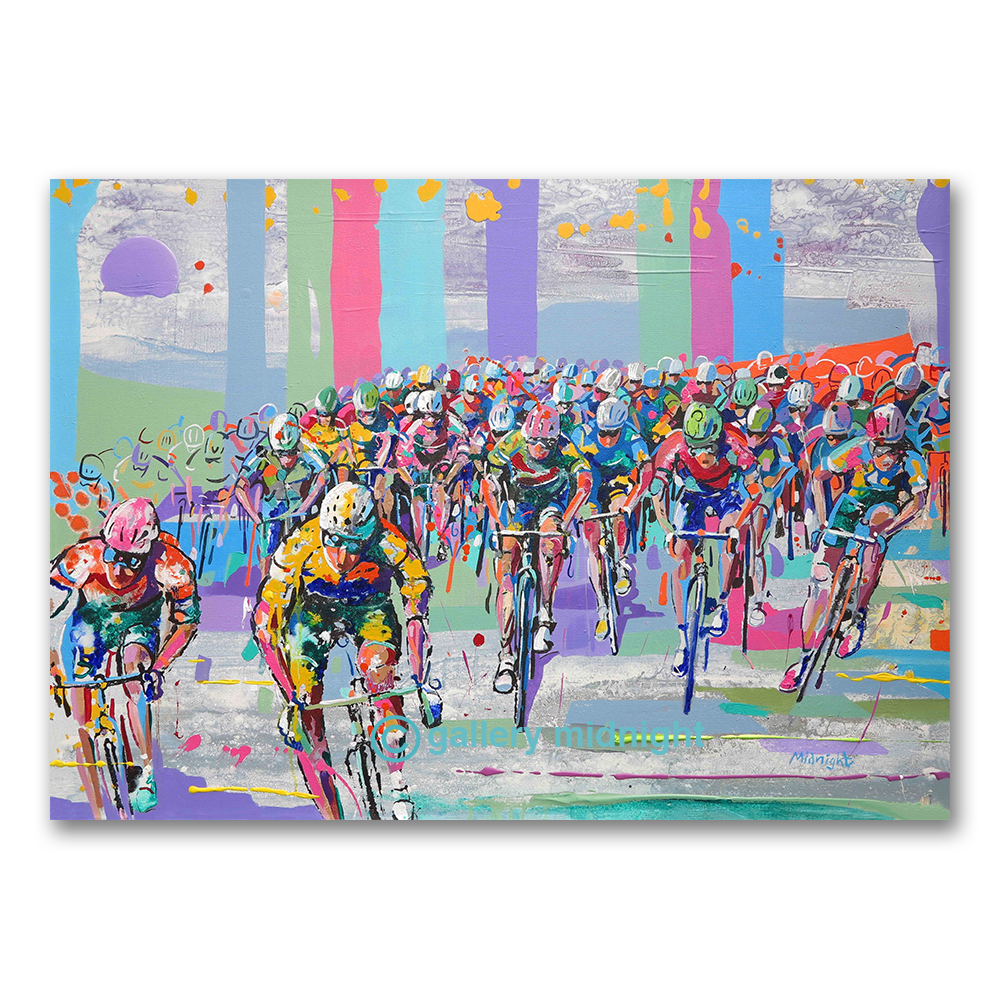 Colorful painting of a bicycle race with abstract background