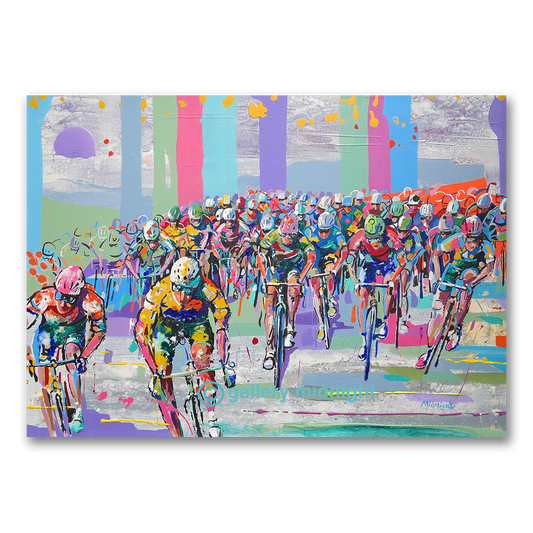 Colorful painting of a bicycle race with abstract background