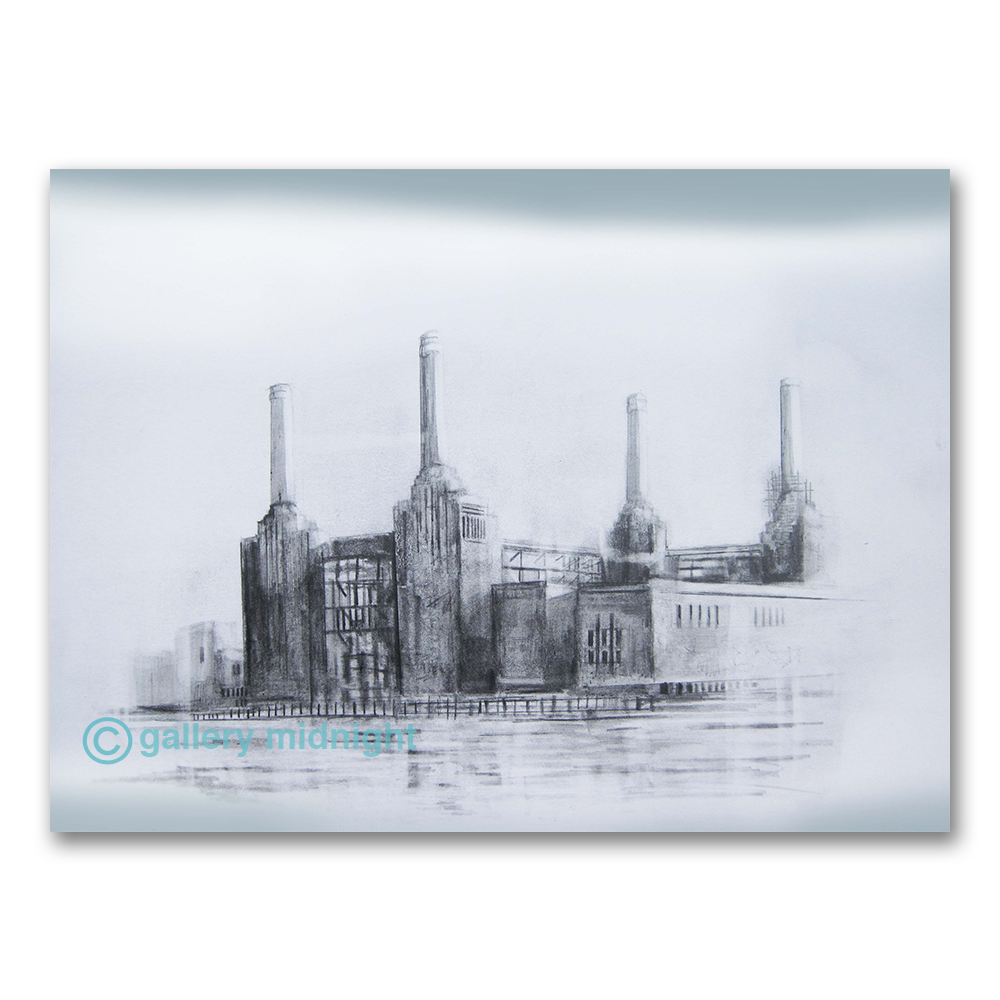 Charcoal and pencil drawing of Battersea Power Station in soft grey tones
