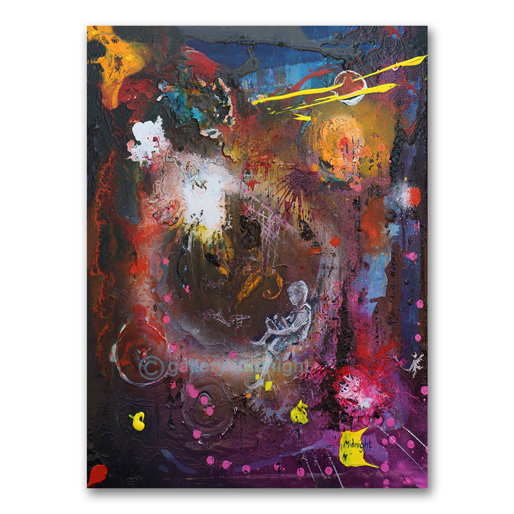 Abstract painting with vibrant colors and dynamic composition on a white background