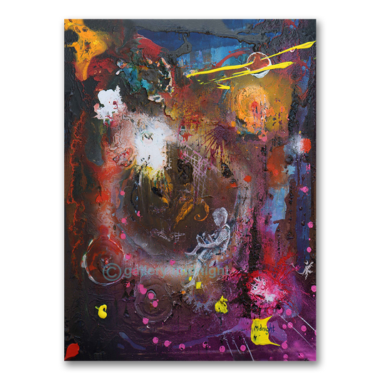 Abstract painting with vibrant colors and dynamic composition on a white background