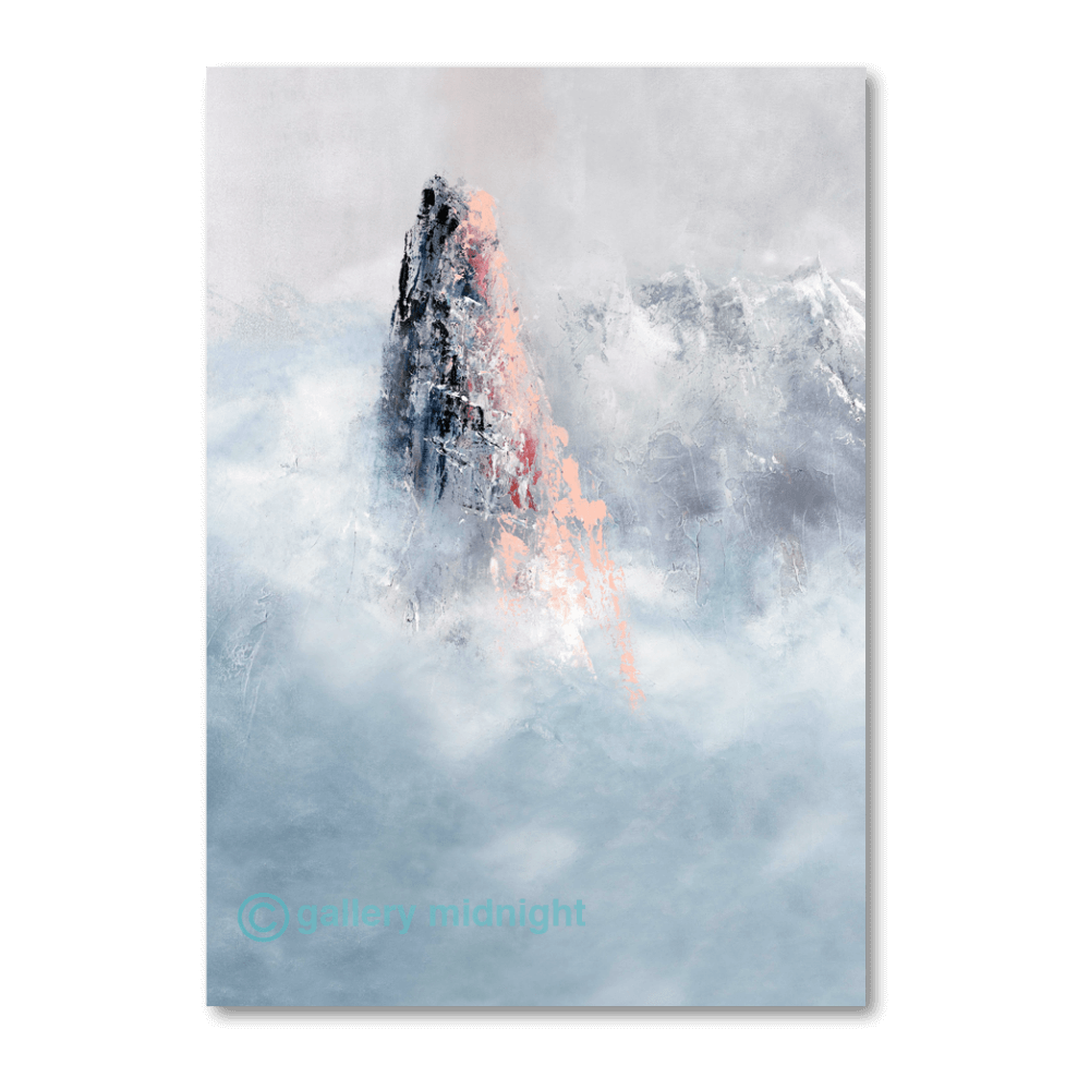 Abstract painting of Les Drus mountain in the Chamonix Valley with pink alpenglow, grey rock faces, mist, and snow highlights.