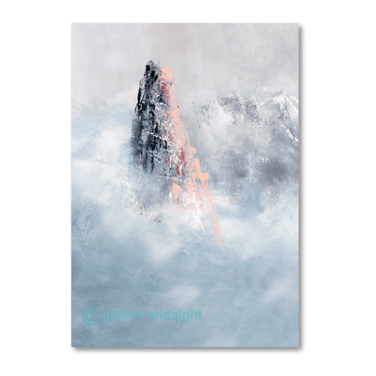 Abstract painting of Les Drus mountain in the Chamonix Valley with pink alpenglow, grey rock faces, mist, and snow highlights.