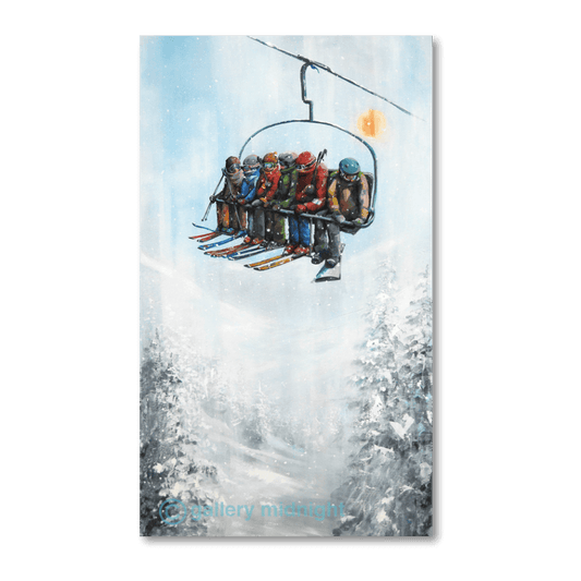 Painting of skiers on a chairlift with a snowboarder at the end, set in a snowy alpine scene with falling snow and abstract winter background by Johny Midnight.