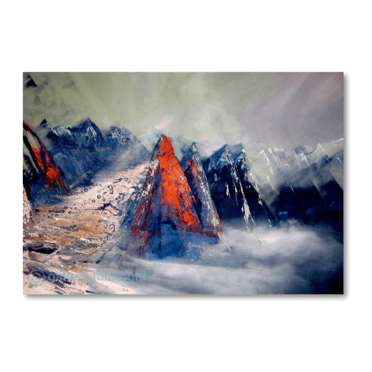 Abstract painting of the Mer de Glace glacier in Chamonix by Johny Midnight, with a green and purple sky, deep blue mountains, and vivid orange rock faces above moving ice.