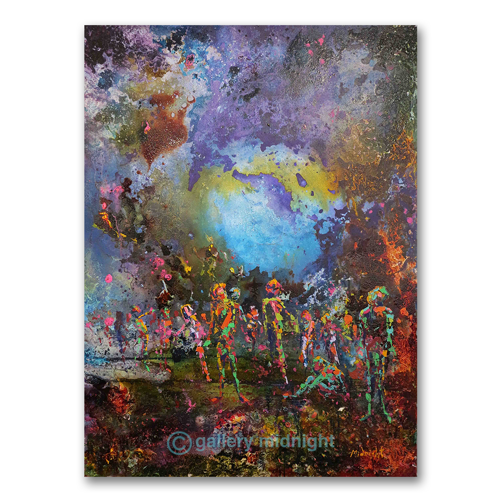 Colorful abstract painting with figures and dynamic composition