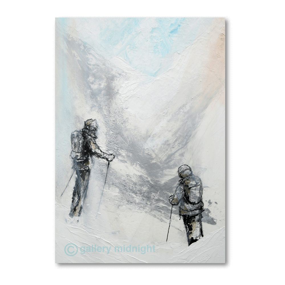 Two skiers standing at the top of a steep, narrow couloir, silhouetted against an abstract alpine background.