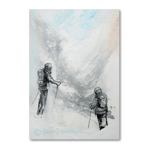 Two skiers standing at the top of a steep, narrow couloir, silhouetted against an abstract alpine background.