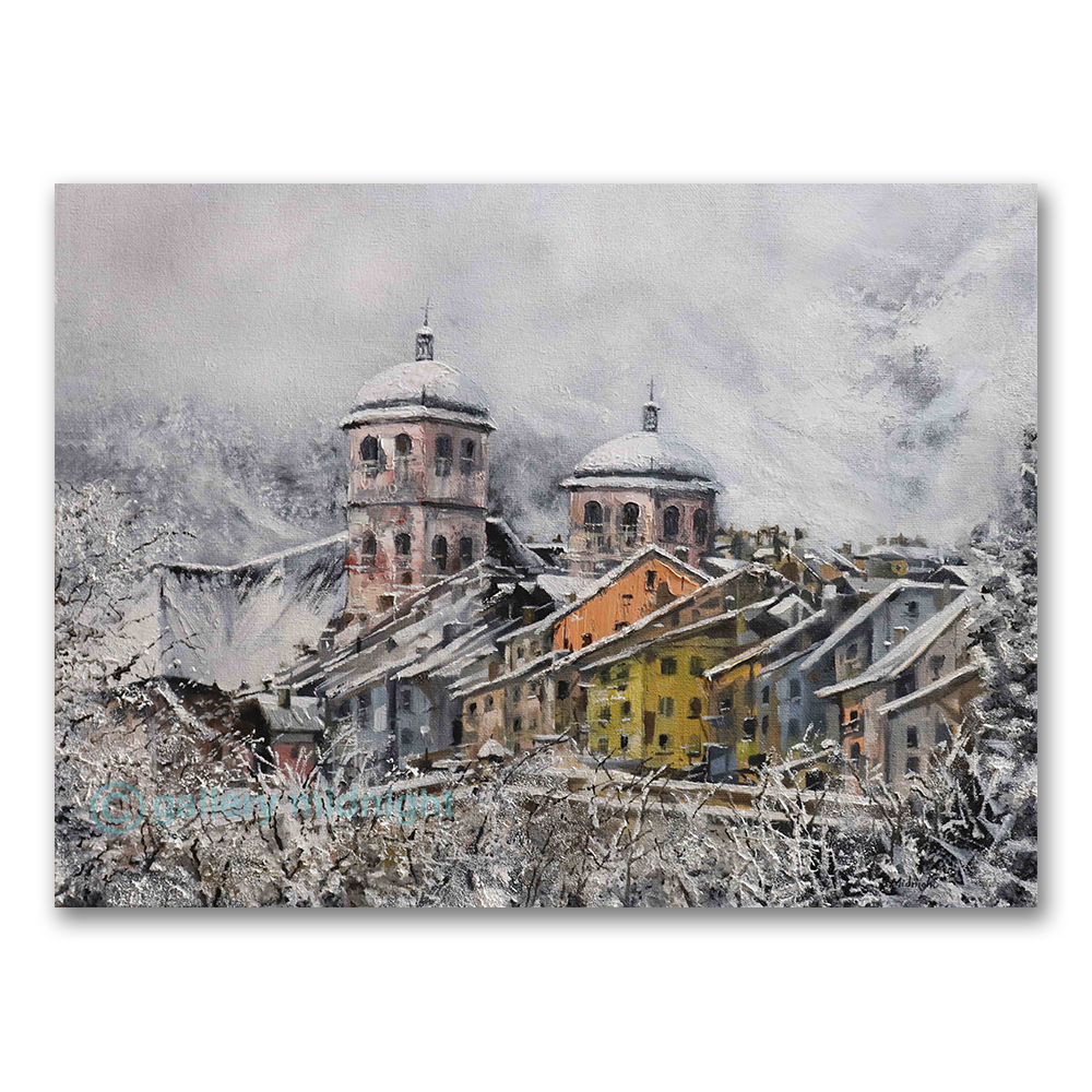 Briançon's fortified old town under snow, pink citadel towers above peach and cream alpine rooftops
