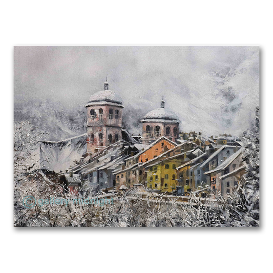 Briançon's fortified old town under snow, pink citadel towers above peach and cream alpine rooftops