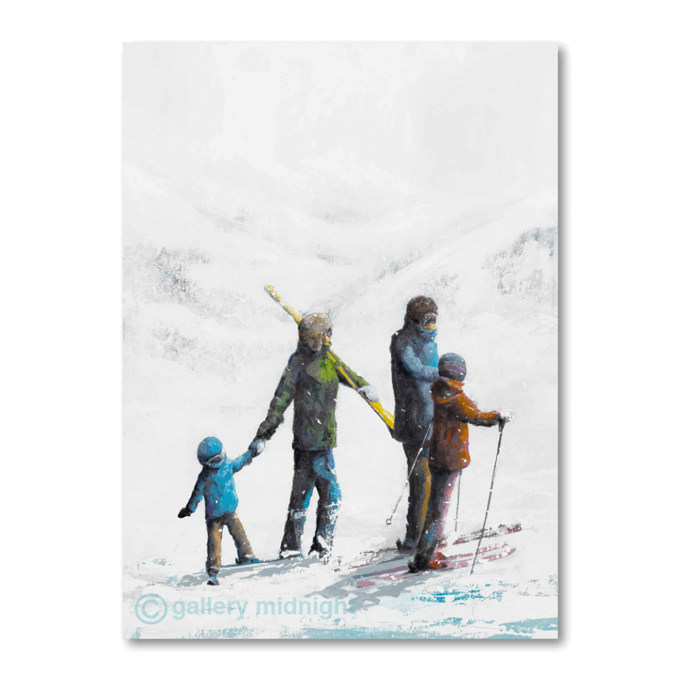 A family of four in colourful ski clothing walking through a snowy alpine landscape, with one tired child being pulled along and misty trees in the background.