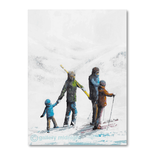 A family of four in colourful ski clothing walking through a snowy alpine landscape, with one tired child being pulled along and misty trees in the background.