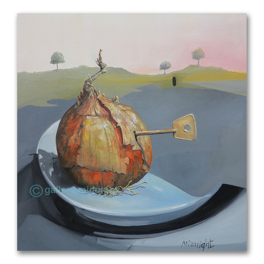 Abstract painting of a key inserted into an onion on a plate with a landscape background