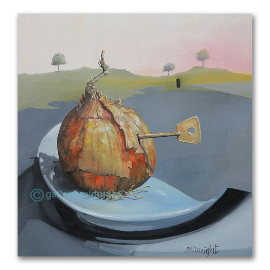 Abstract painting of a key inserted into an onion on a plate with a landscape background